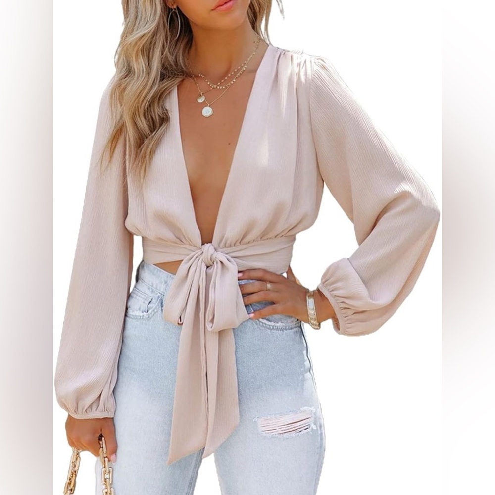 Xl champagne tie front long sleeve satin top